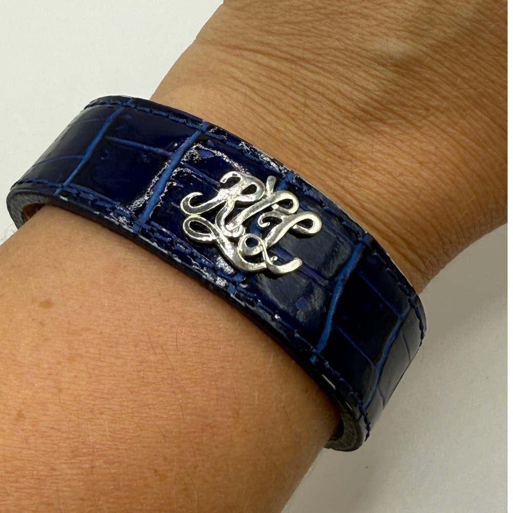 Ralph Lauren Silver Blue Croc Embossed Leather Cuff Bracelet Preppy RLL Logo